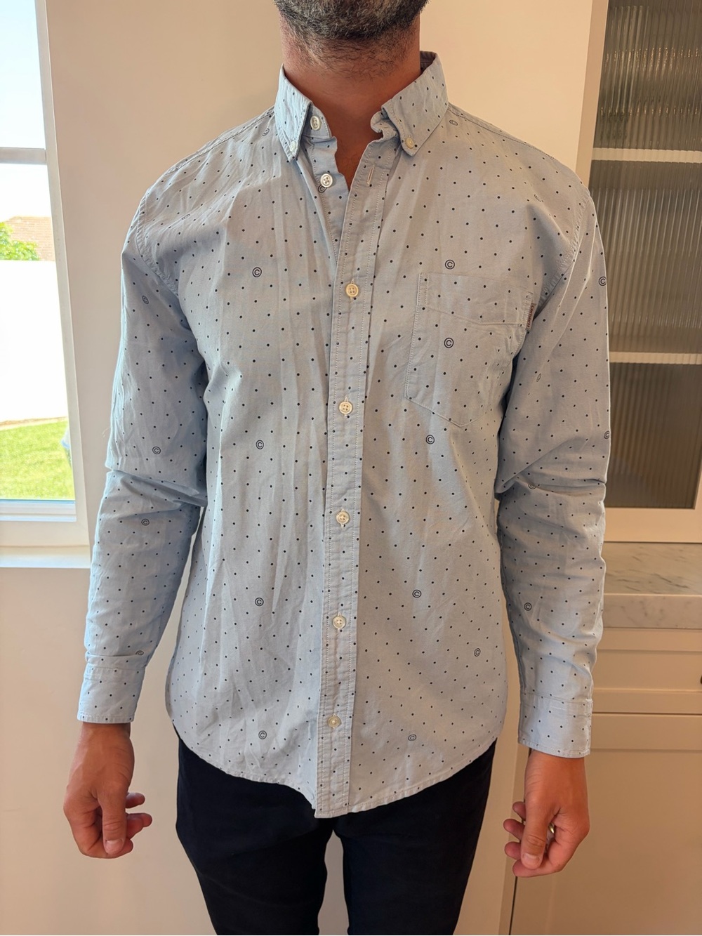 Light Blue Large Men's Button-Down Shirt with Subtle Dot Print